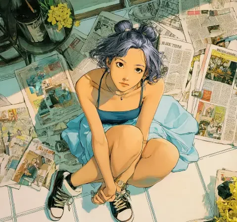 漫画阅读场景，桌面上摊开数本漫画与日历